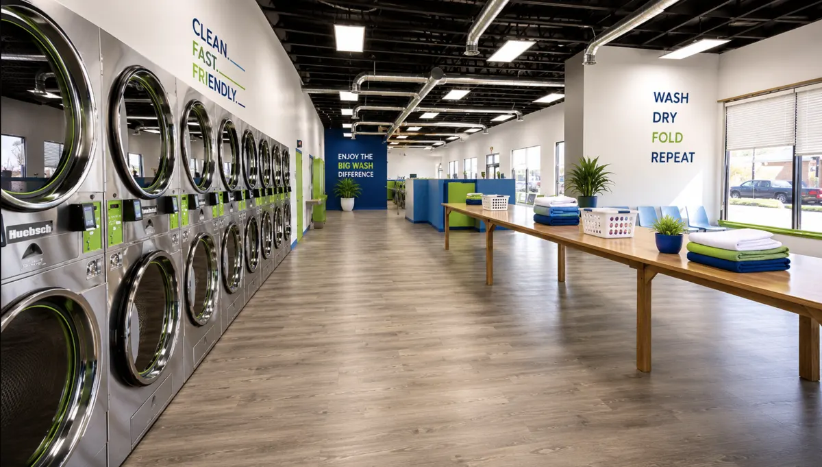 Inside a Big Wash laundromat: a row of washers and folding tables